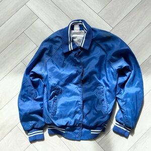 💙 80s Vintage Blue Bomber Varsity Jacket with Striped Sleeves